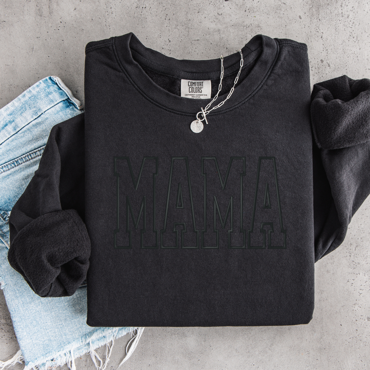 Tone-on-Tone Varsity Mama Embroidered Sweatshirt