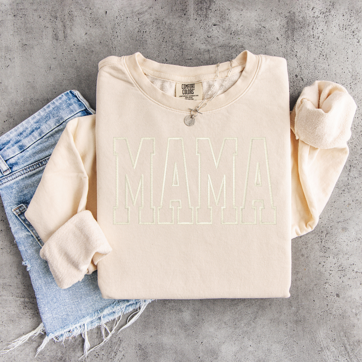 Tone-on-Tone Varsity Mama Embroidered Sweatshirt