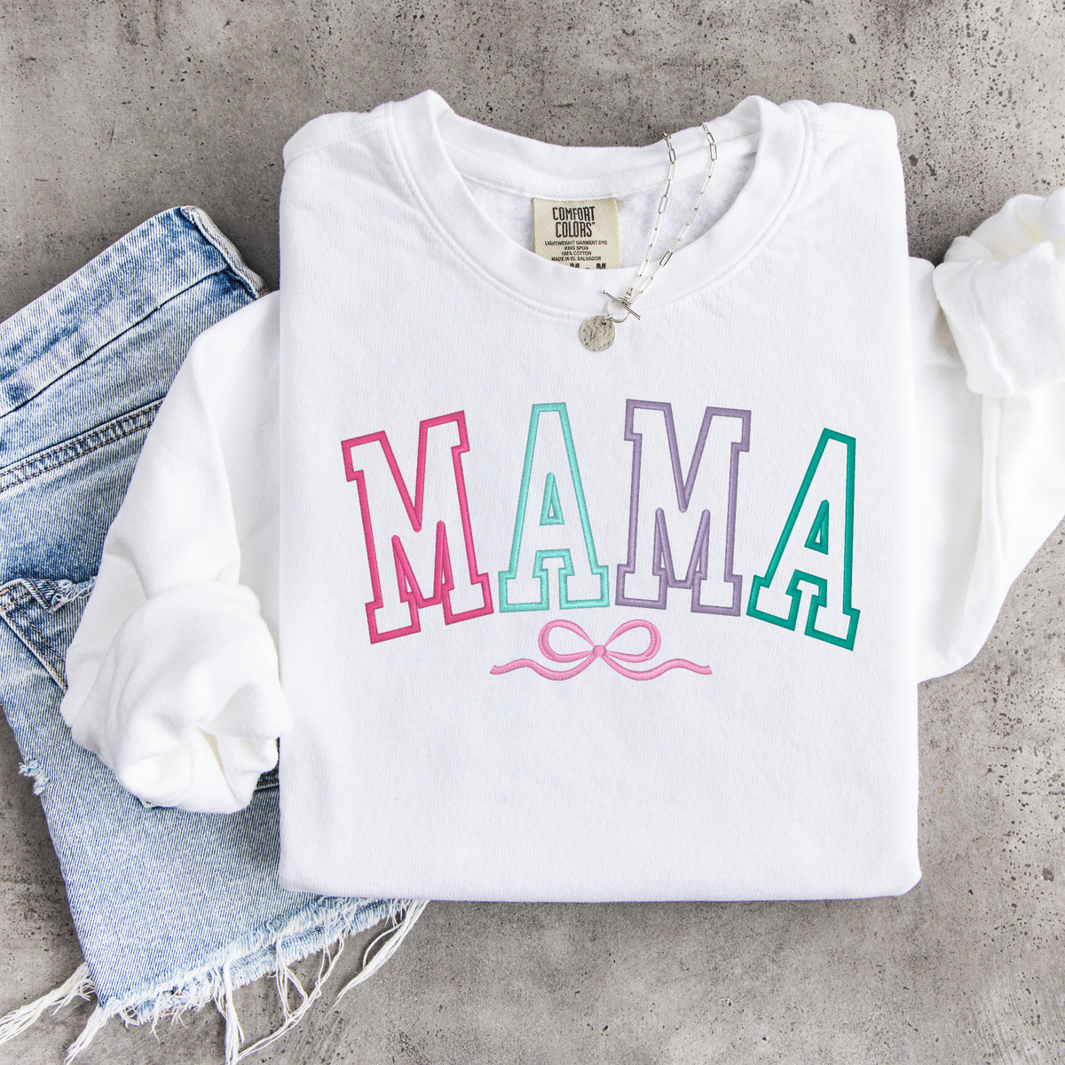 Varsity Mama Bow Embroidered Sweatshirt